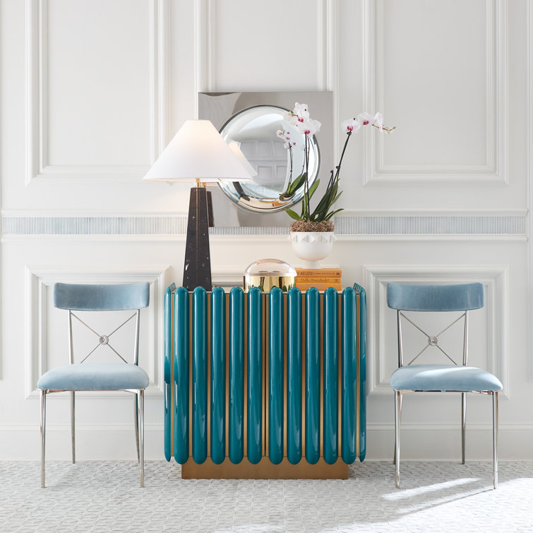 Teal and Brass Geometric Pattern Accent Cabinet with Adjustable Shelving