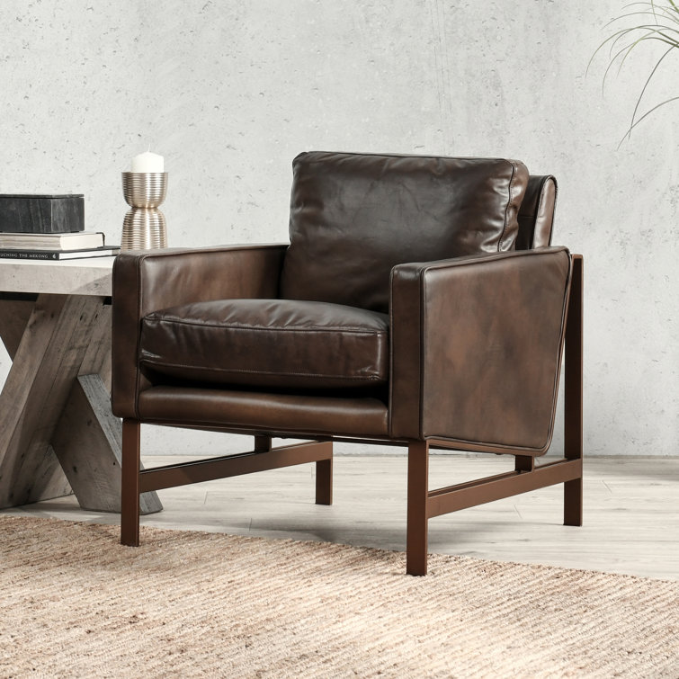 Transitional Handcrafted Leather Accent Chair with Brass Frame
