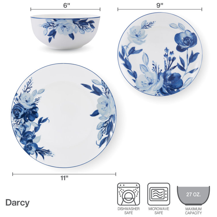 Darcy Blue and White Floral Porcelain 12-Piece Dinnerware Set