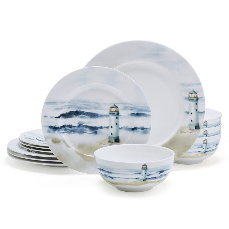 Seaside Coastal Multicolor Porcelain 12-Piece Dinnerware Set, Service for 4