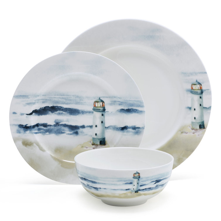 Seaside Coastal Multicolor Porcelain 12-Piece Dinnerware Set, Service for 4