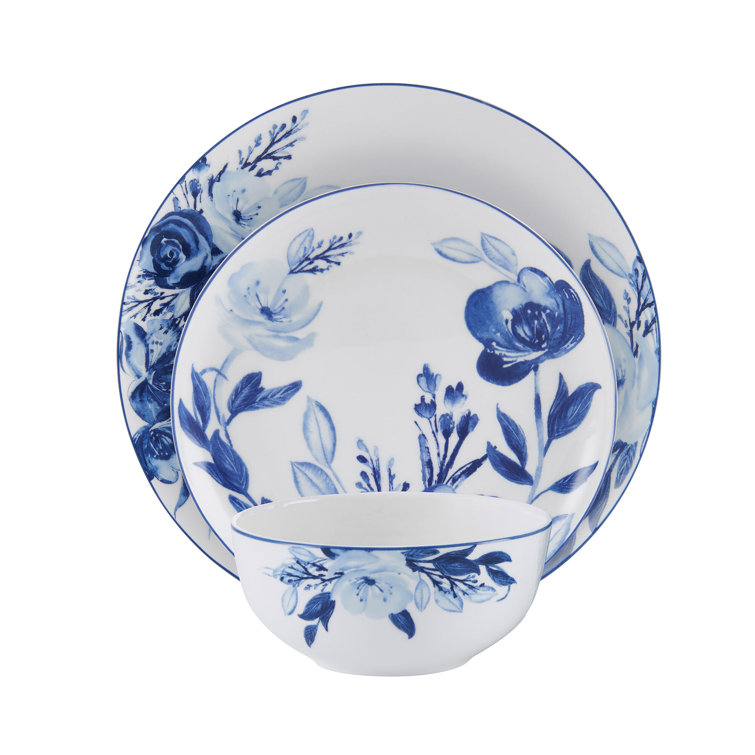 Darcy Blue and White Floral Porcelain 12-Piece Dinnerware Set