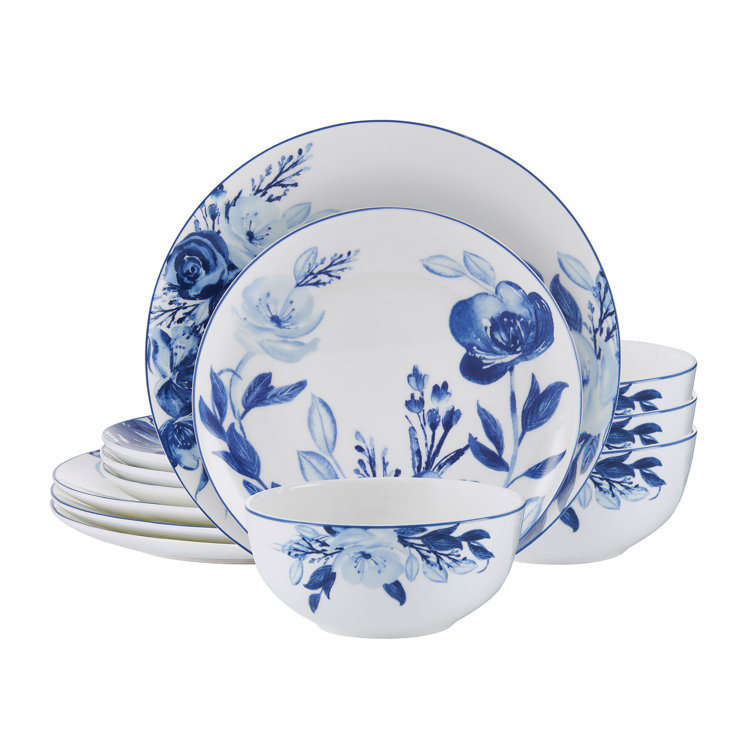 Darcy Blue and White Floral Porcelain 12-Piece Dinnerware Set