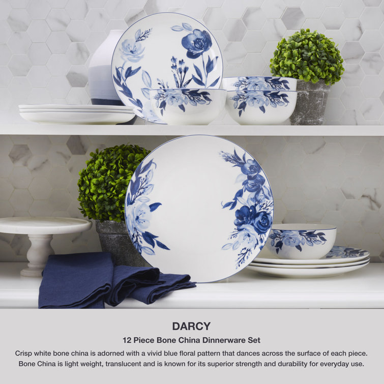 Darcy Blue and White Floral Porcelain 12-Piece Dinnerware Set