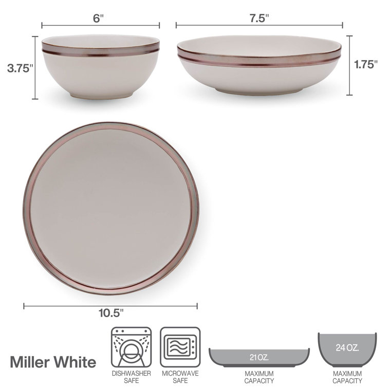 Miller White Ceramic 12-Piece Dinnerware Set with Rose Gold Banding