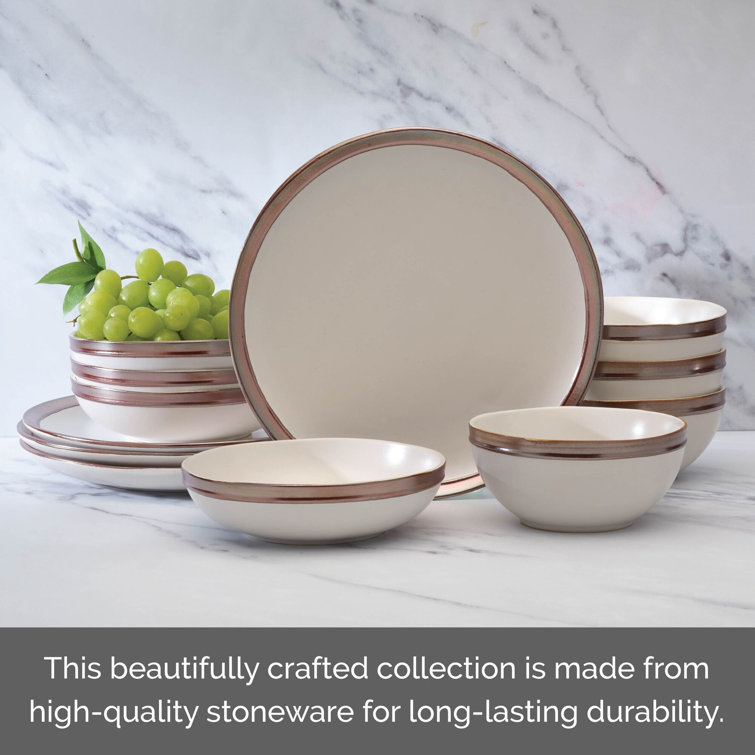Miller White Ceramic 12-Piece Dinnerware Set with Rose Gold Banding