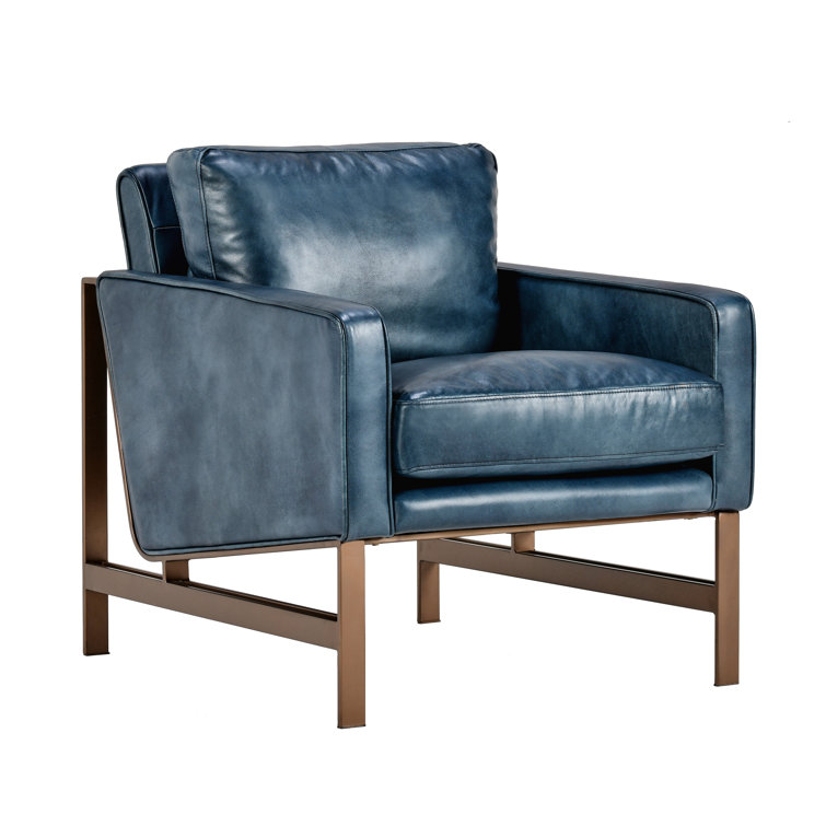 Transitional Blue Leather Club Accent Chair with Brass Metal Frame