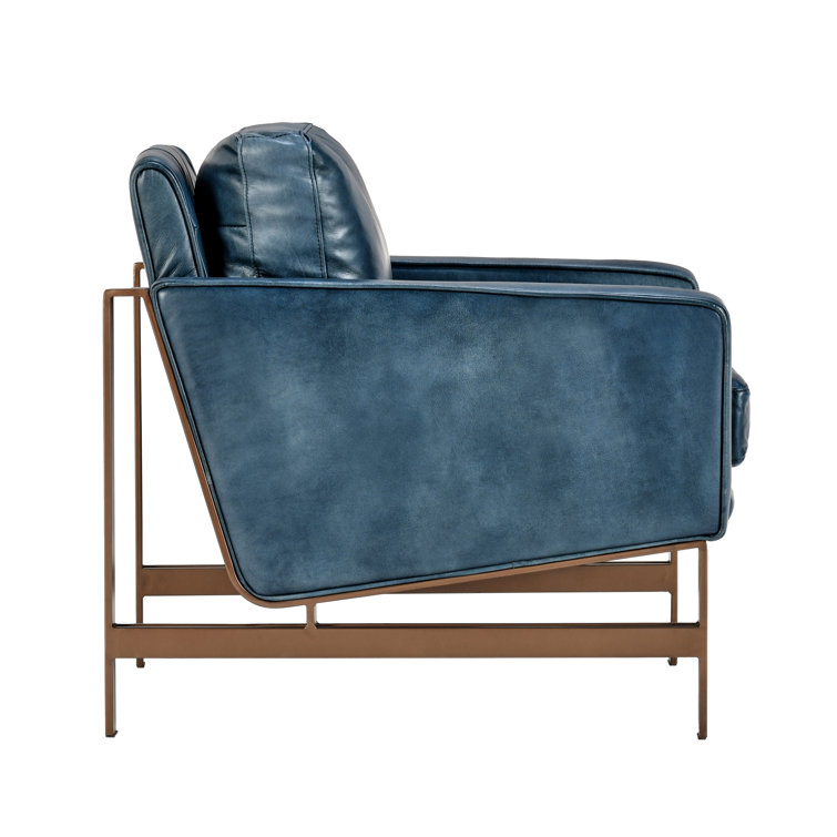 Transitional Blue Leather Club Accent Chair with Brass Metal Frame