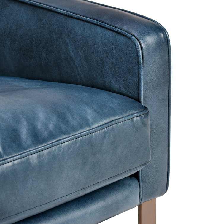 Transitional Blue Leather Club Accent Chair with Brass Metal Frame