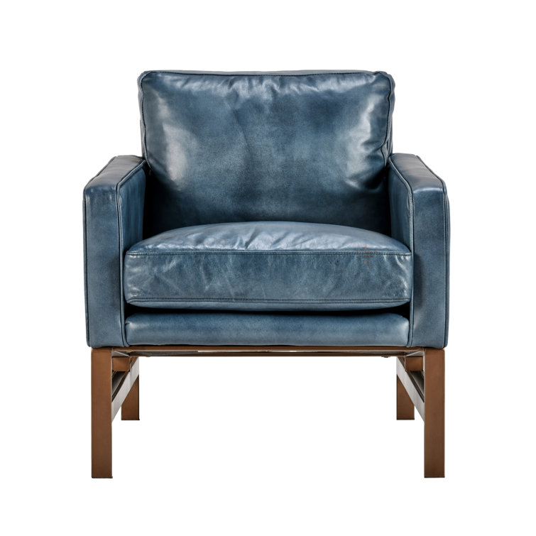 Transitional Blue Leather Club Accent Chair with Brass Metal Frame