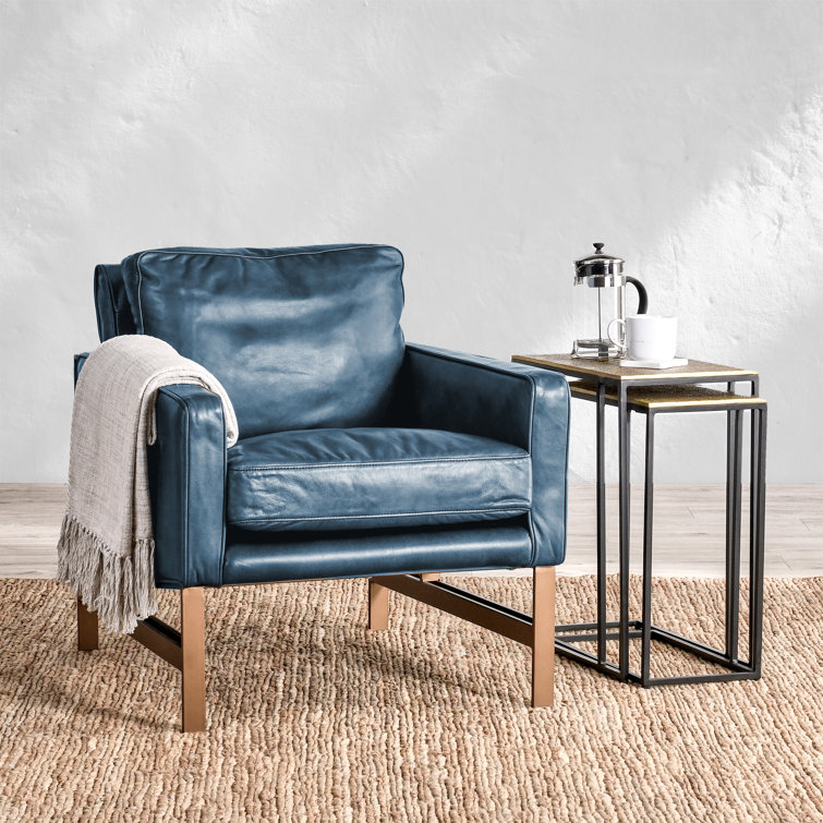 Transitional Blue Leather Club Accent Chair with Brass Metal Frame