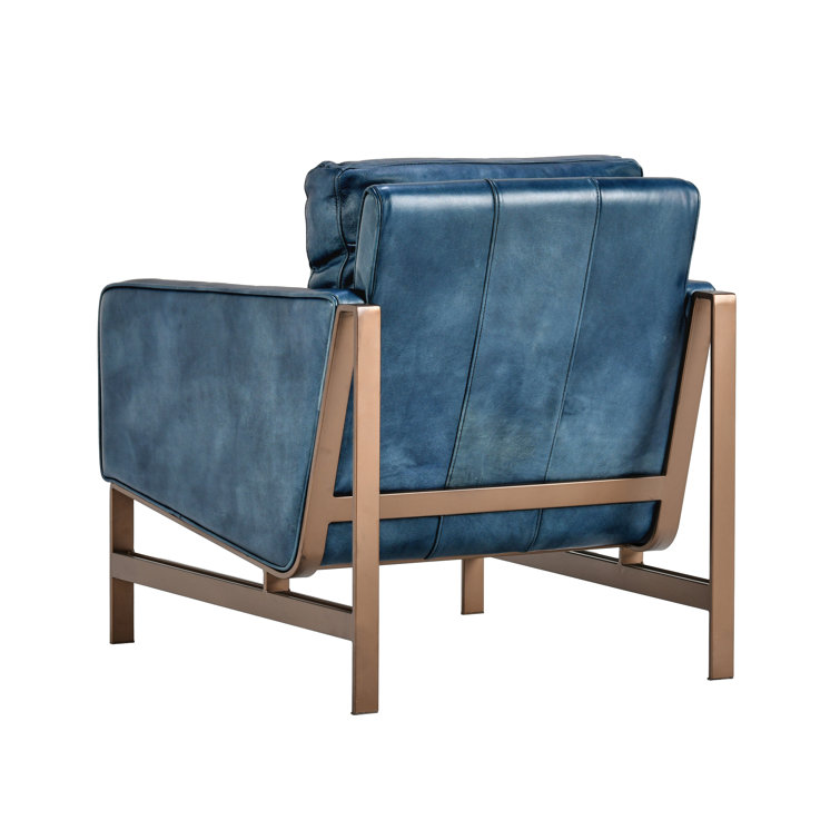 Transitional Blue Leather Club Accent Chair with Brass Metal Frame
