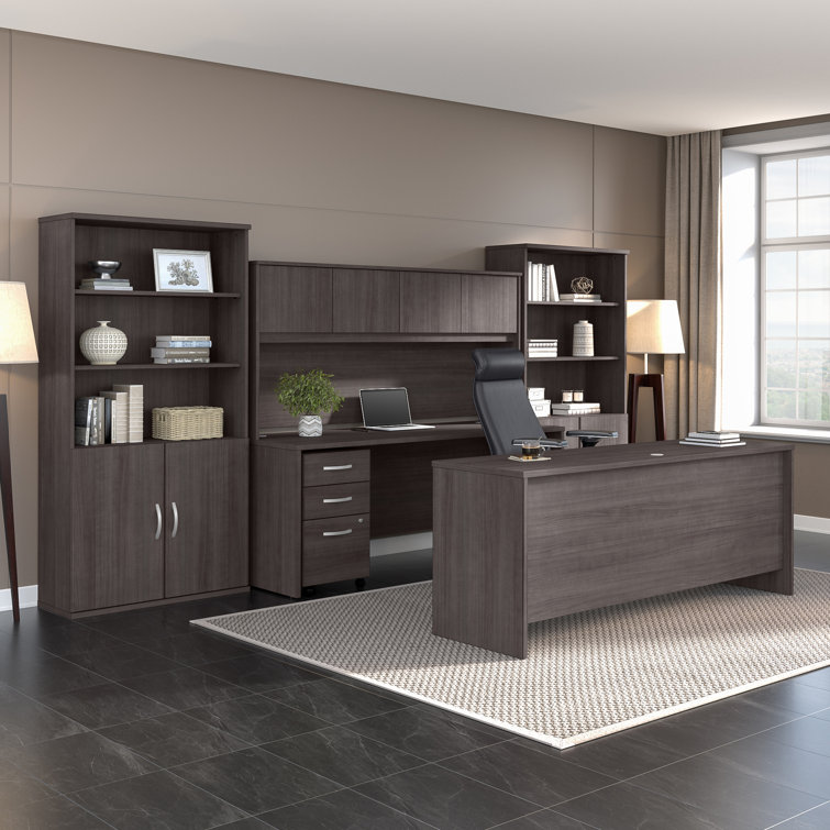 Studio C Transitional Storm Gray Home Office Desk with Filing Cabinet