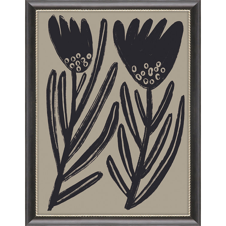 Medium Wood Framed Abstract Floral Art Set in Black and Beige