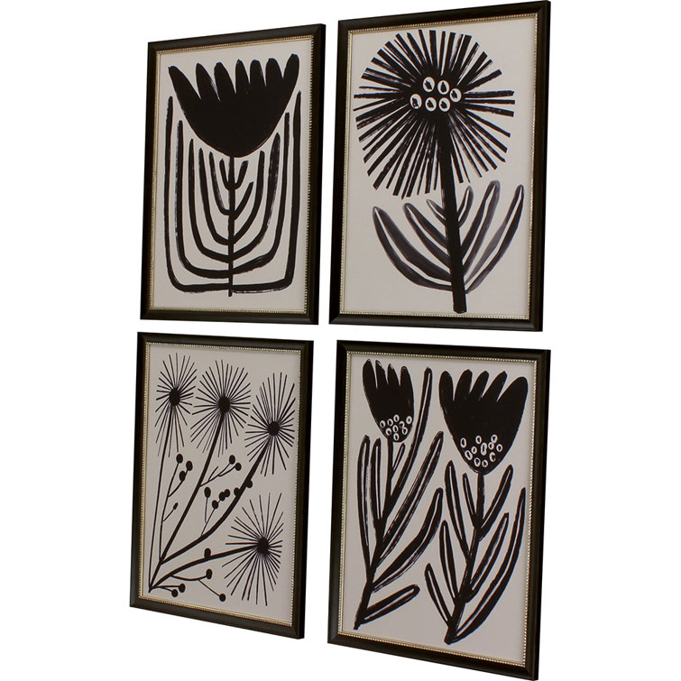 Medium Wood Framed Abstract Floral Art Set in Black and Beige