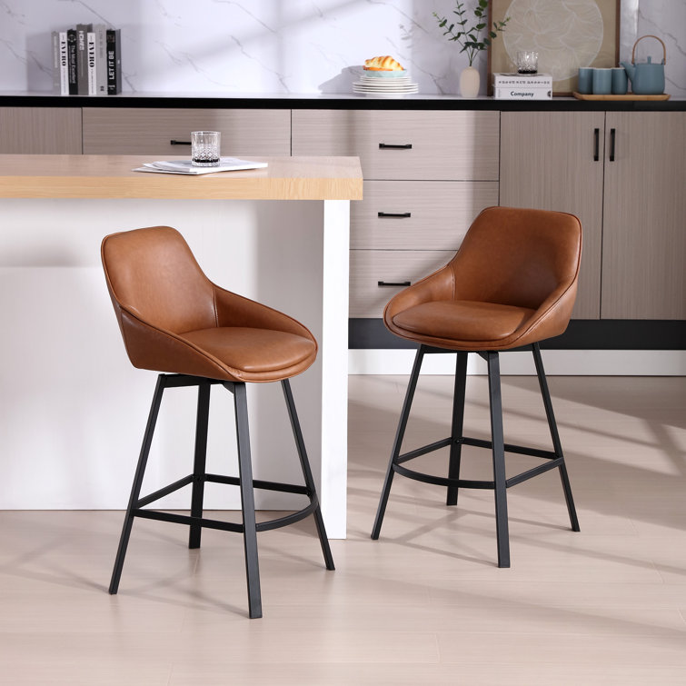 Brown Faux Leather Swivel Counter Stools with Steel Base, Set of 2