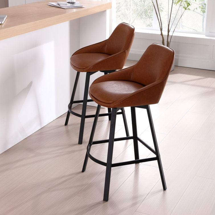 Brown Faux Leather Swivel Counter Stools with Steel Base, Set of 2