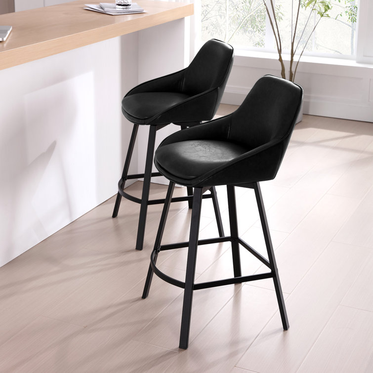 Black Faux Leather Swivel Counter Stools with Steel Legs, Set of 2