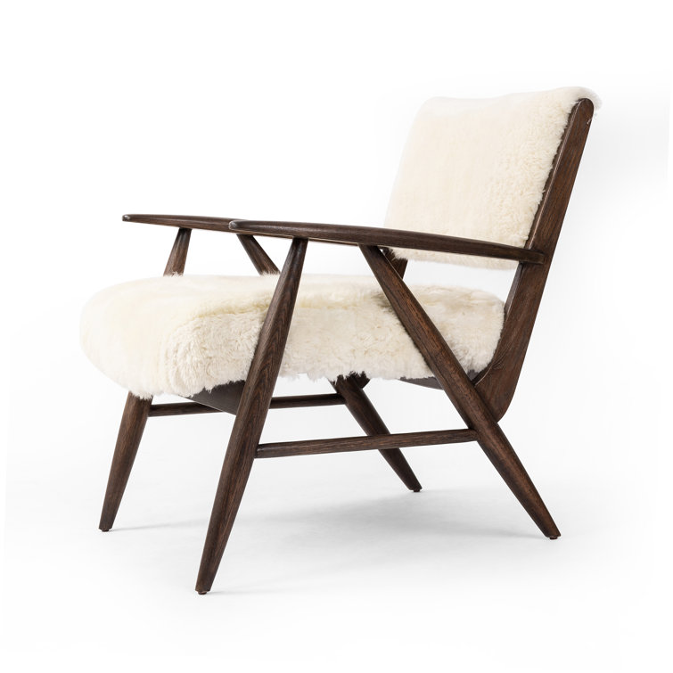 Cream Shearling Upholstered Armchair with Solid Wood Frame