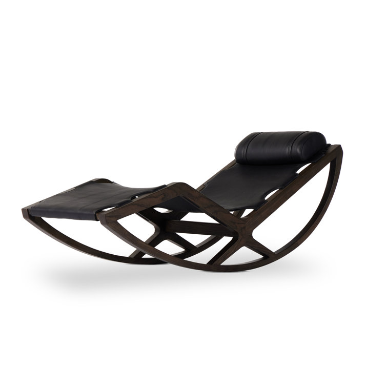Black Leather and Wood Zero-Gravity Chaise Lounge