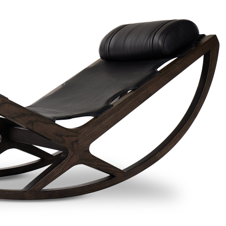 Black Leather and Wood Zero-Gravity Chaise Lounge