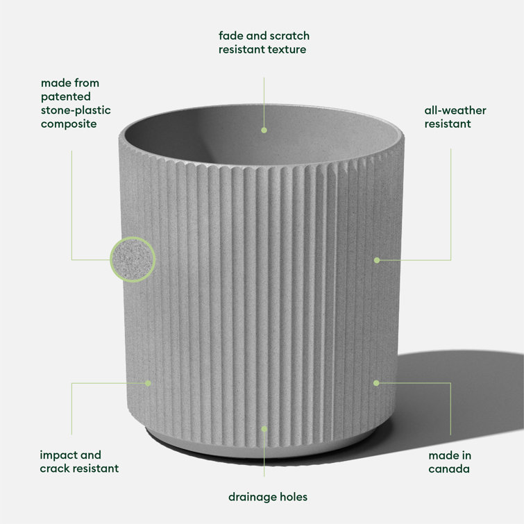 Demi 20" Gray Plastic-Stone Round Planter with Fluted Edges