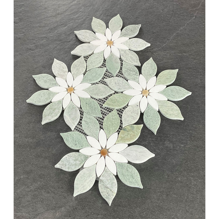 Ming Green and White Marble Flower Mosaic Tile