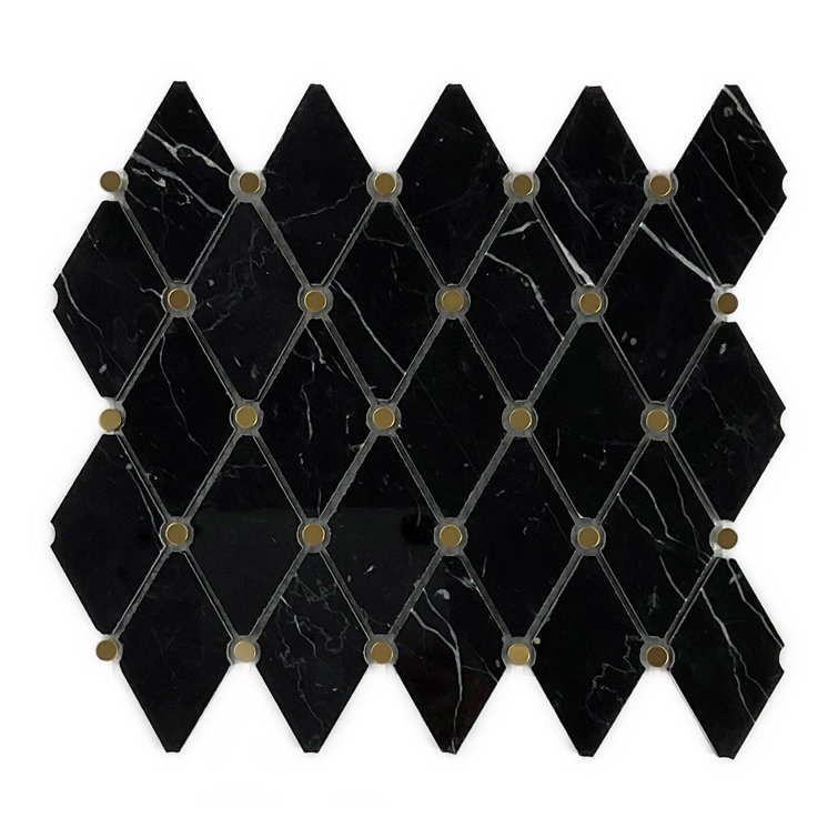 12.75" Black Marble and Gold Metal Mosaic Tile