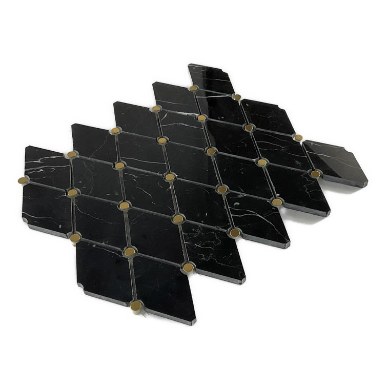 12.75" Black Marble and Gold Metal Mosaic Tile