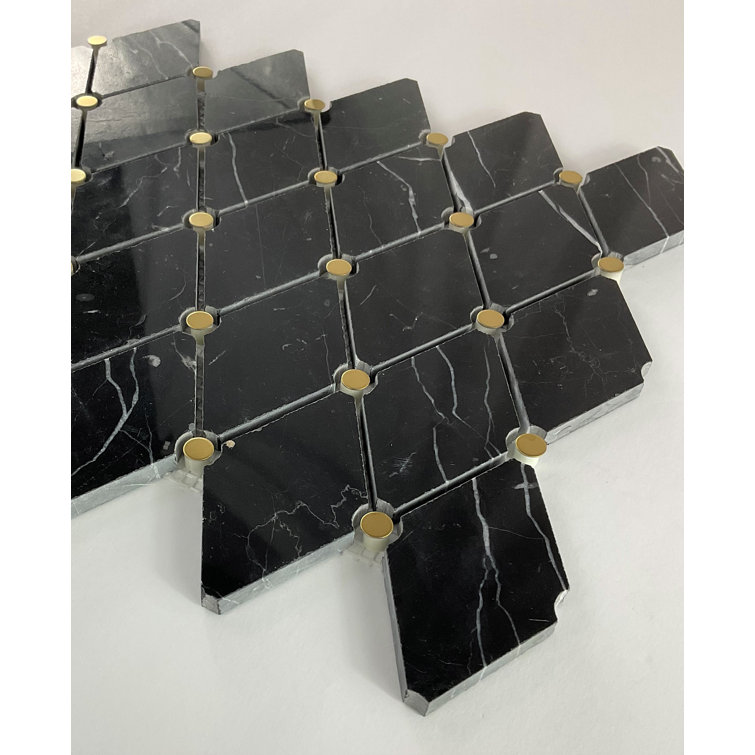 12.75" Black Marble and Gold Metal Mosaic Tile