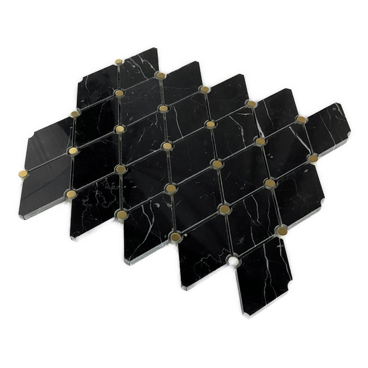 12.75" Black Marble and Gold Metal Mosaic Tile