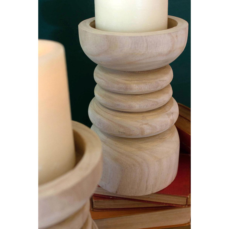 Light Wood Carved Tabletop Pillar Candle Holder