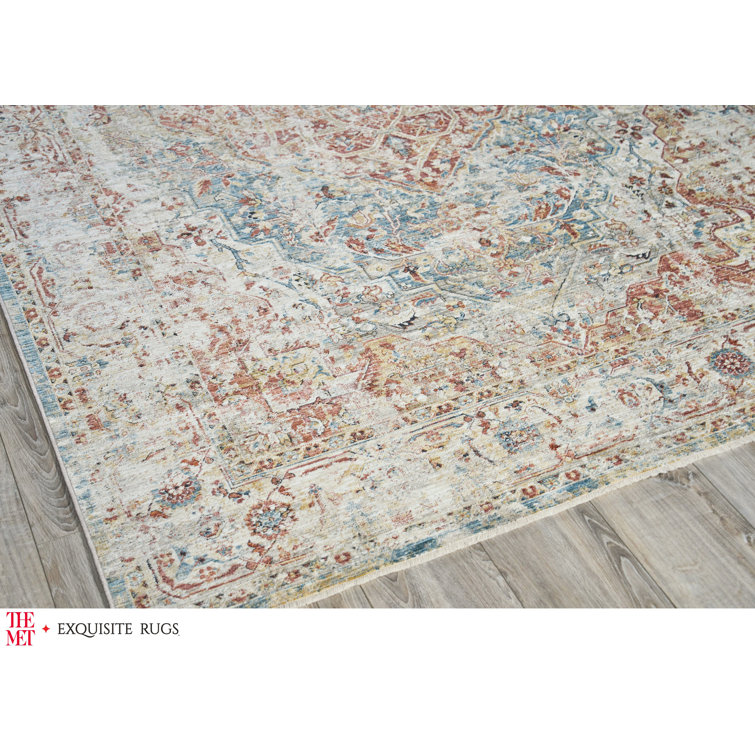 Hand-Knotted Red and Light Blue Wool Rectangular Rug 9' x 12'