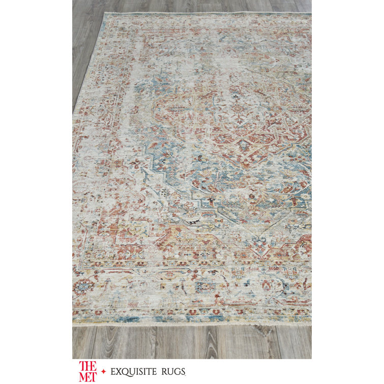 Hand-Knotted Red and Light Blue Wool Rectangular Rug 9' x 12'