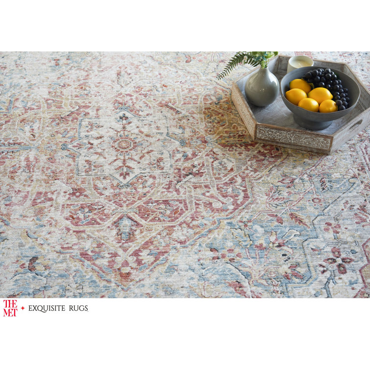 Hand-Knotted Red and Light Blue Wool Rectangular Rug 9' x 12'