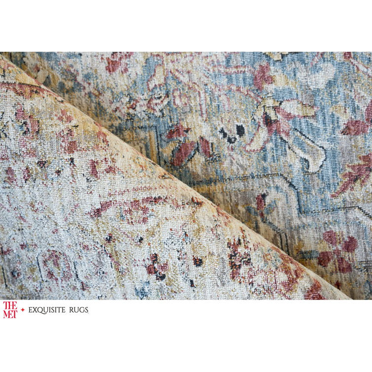 Hand-Knotted Red and Light Blue Wool Rectangular Rug 9' x 12'