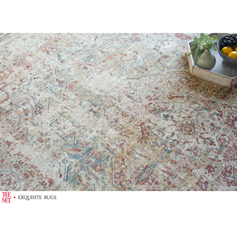 Hand-Knotted Red and Light Blue Wool Rectangular Rug 9' x 12'