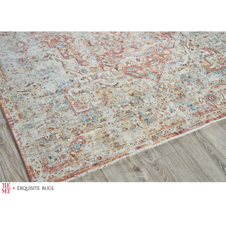 Antique Beige and Rust Distressed Synthetic Area Rug with Tassels