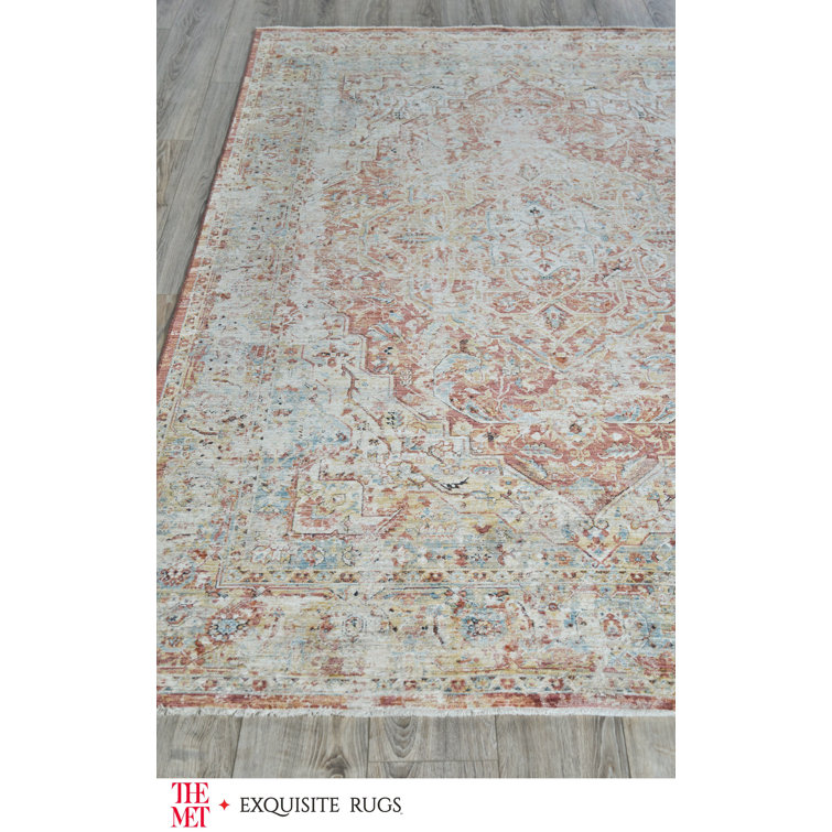 Antique Beige and Rust Distressed Synthetic Area Rug with Tassels