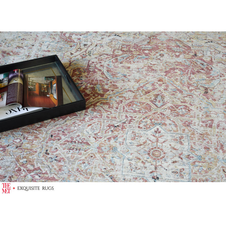 Antique Beige and Rust Distressed Synthetic Area Rug with Tassels