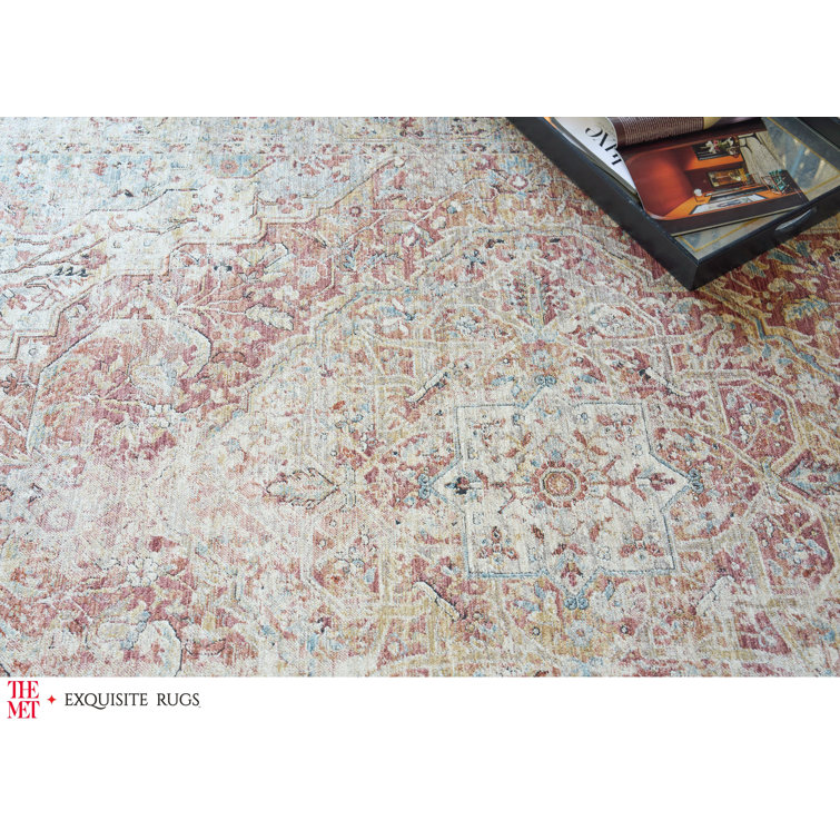 Antique Beige and Rust Distressed Synthetic Area Rug with Tassels