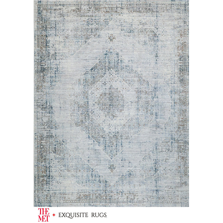 Vintage Blue and Beige Distressed Synthetic Area Rug 8' x 10'