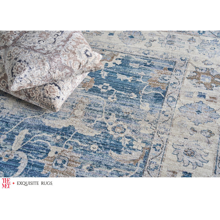 Vintage Blue and Beige Synthetic Rectangular Area Rug