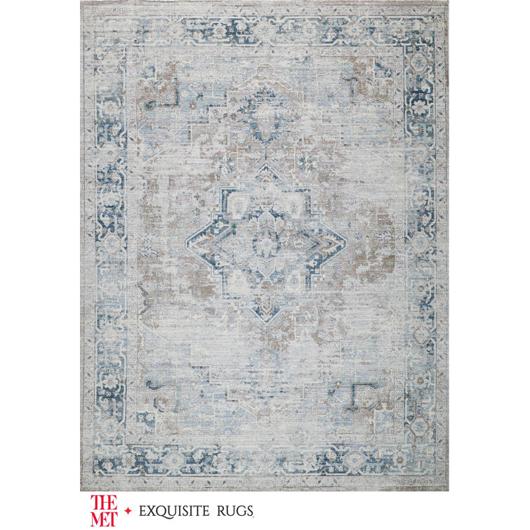 Vintage Blue and Beige 4' x 6' Synthetic Area Rug
