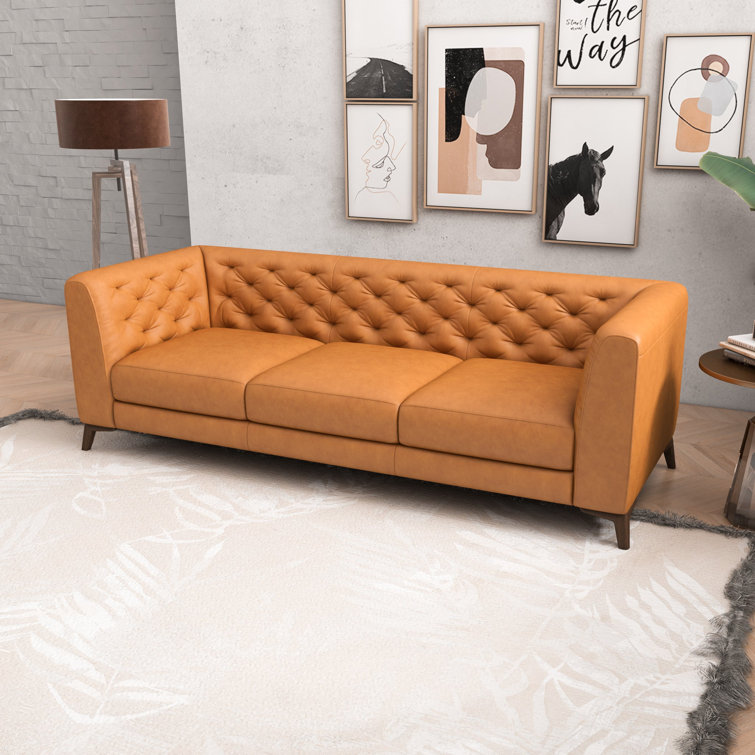 Tan Genuine Leather Tufted Tuxedo Arm Sofa