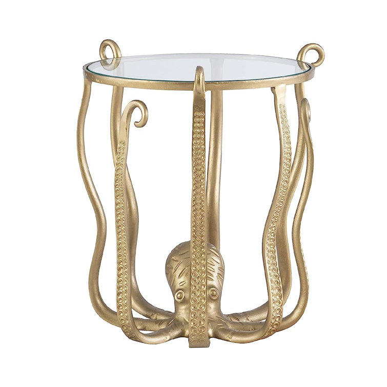 Coastal Octopus Sculpture End Table with Glass Top, Antique Gold