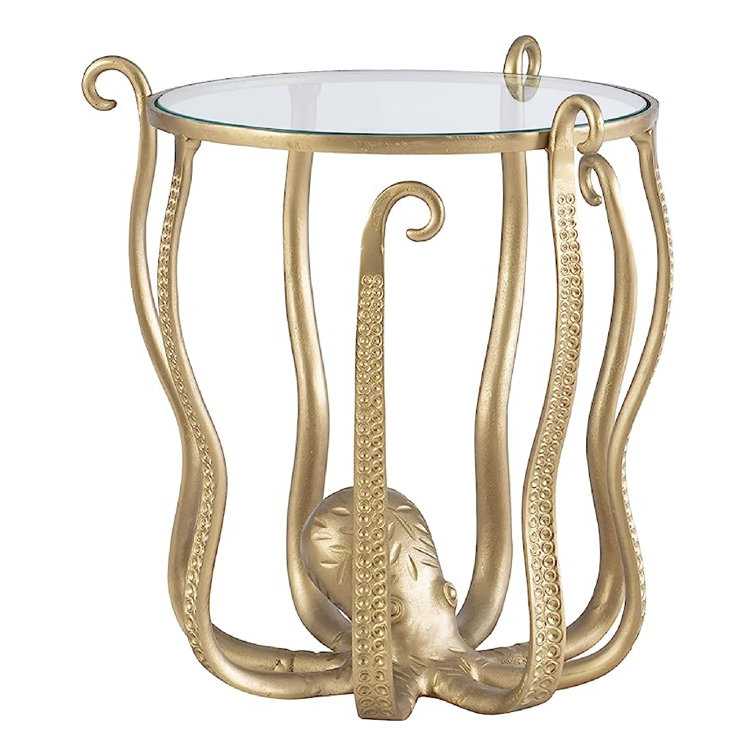 Coastal Octopus Sculpture End Table with Glass Top, Antique Gold