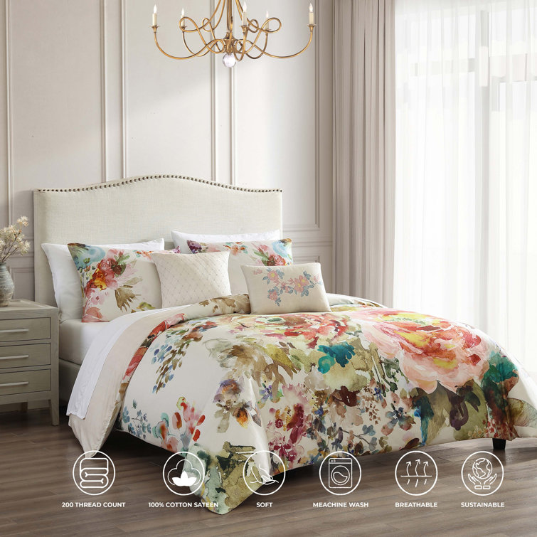 Ivory Floral Cotton Sateen Reversible Queen Comforter Set