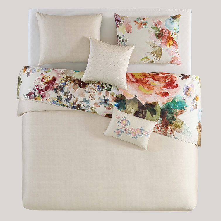 Ivory Floral Cotton Sateen Reversible Queen Comforter Set