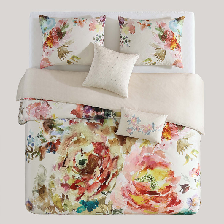 Ivory Floral Cotton Sateen Reversible Queen Comforter Set